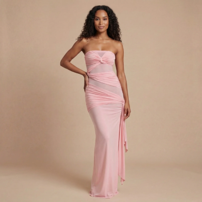 Blush pink strapless ruched maxi dress with asymmetrical side drape for women