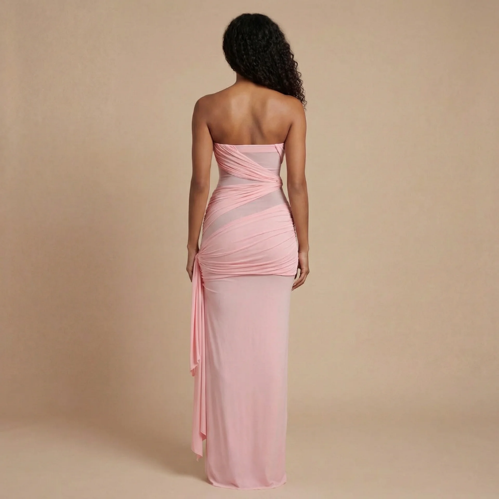 Backless blush pink ruched maxi dress with flowing side panel detail for women