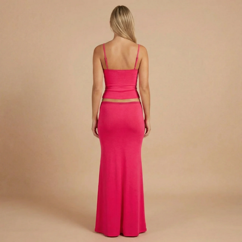 Magenta two-piece maxi set with spaghetti straps and adjustable waist, back view