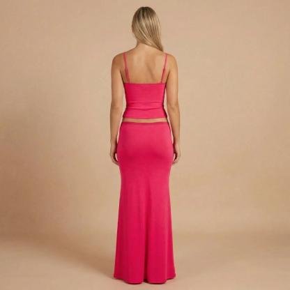 Magenta two-piece maxi set with spaghetti straps and adjustable waist, back view