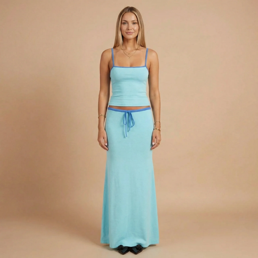 Light blue spaghetti strap crop top and flowing maxi skirt matching set for women