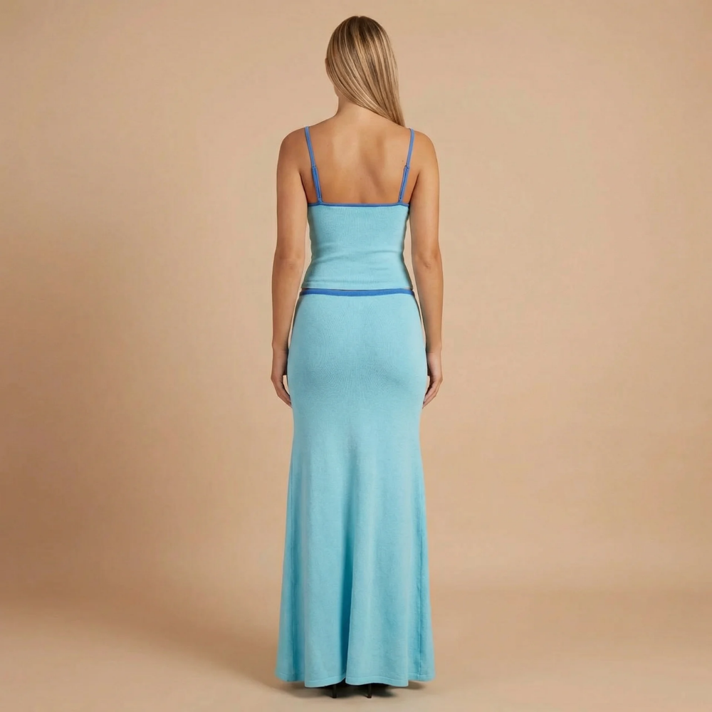 Turquoise square neckline crop top maxi skirt two-piece set, back detail view