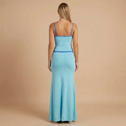 Turquoise square neckline crop top maxi skirt two-piece set, back detail view