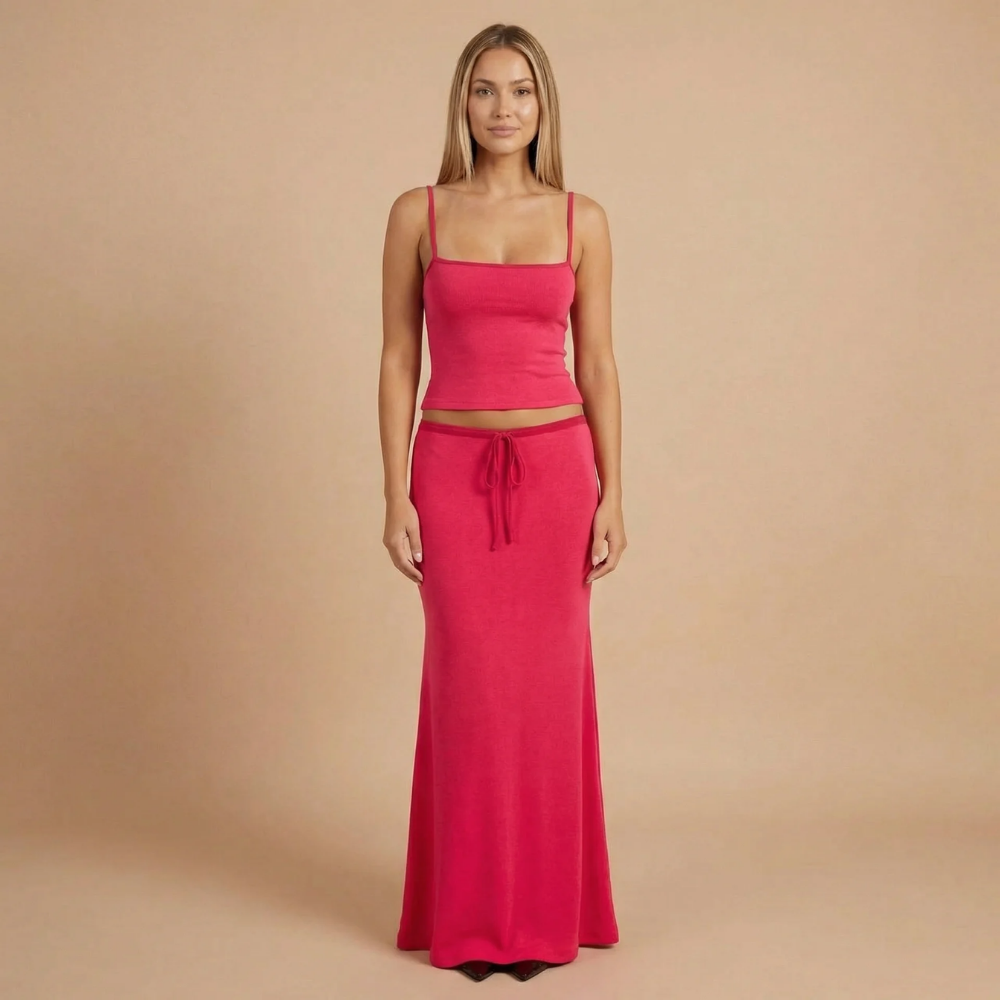 Hot pink square neck crop top and drawstring maxi skirt set for women, front view
