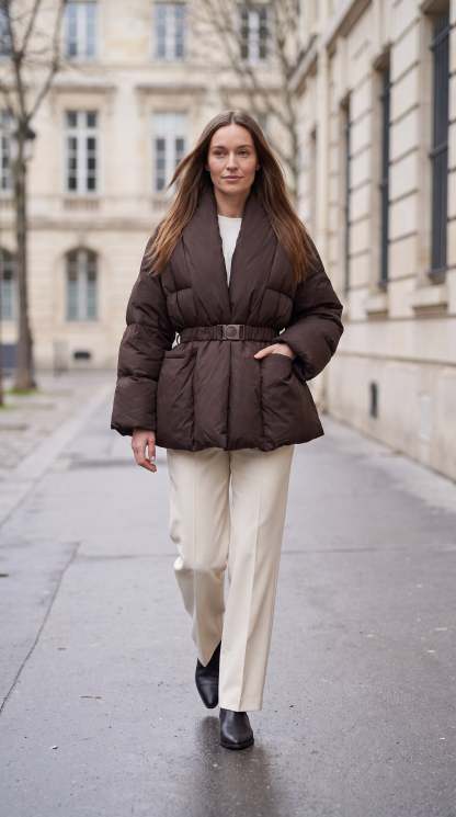 Avonlea Belted Quilted Puffer Coat - Brown