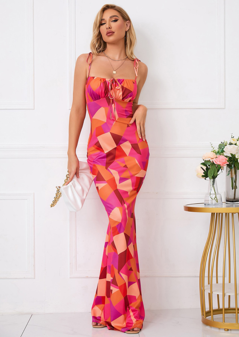Magenta orange geometric ruched maxi dress with tie-shoulder neckline