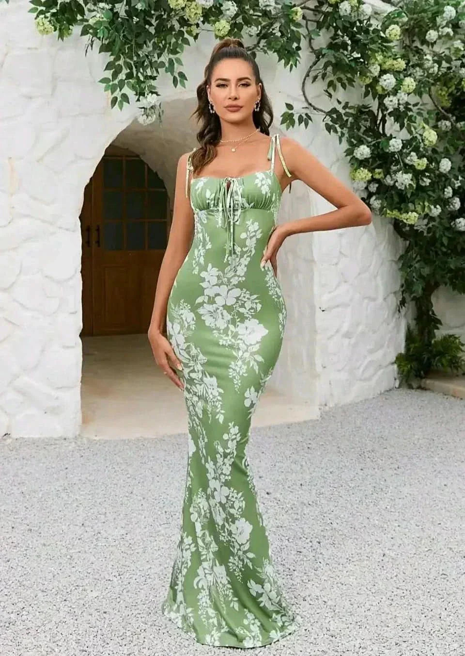 Sage green white floral ruched maxi dress with front tie closure