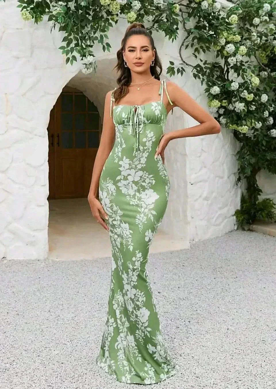 Sage green white floral ruched maxi dress with front tie closure