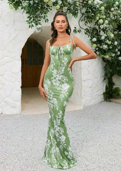 Sage green white floral ruched maxi dress with front tie closure