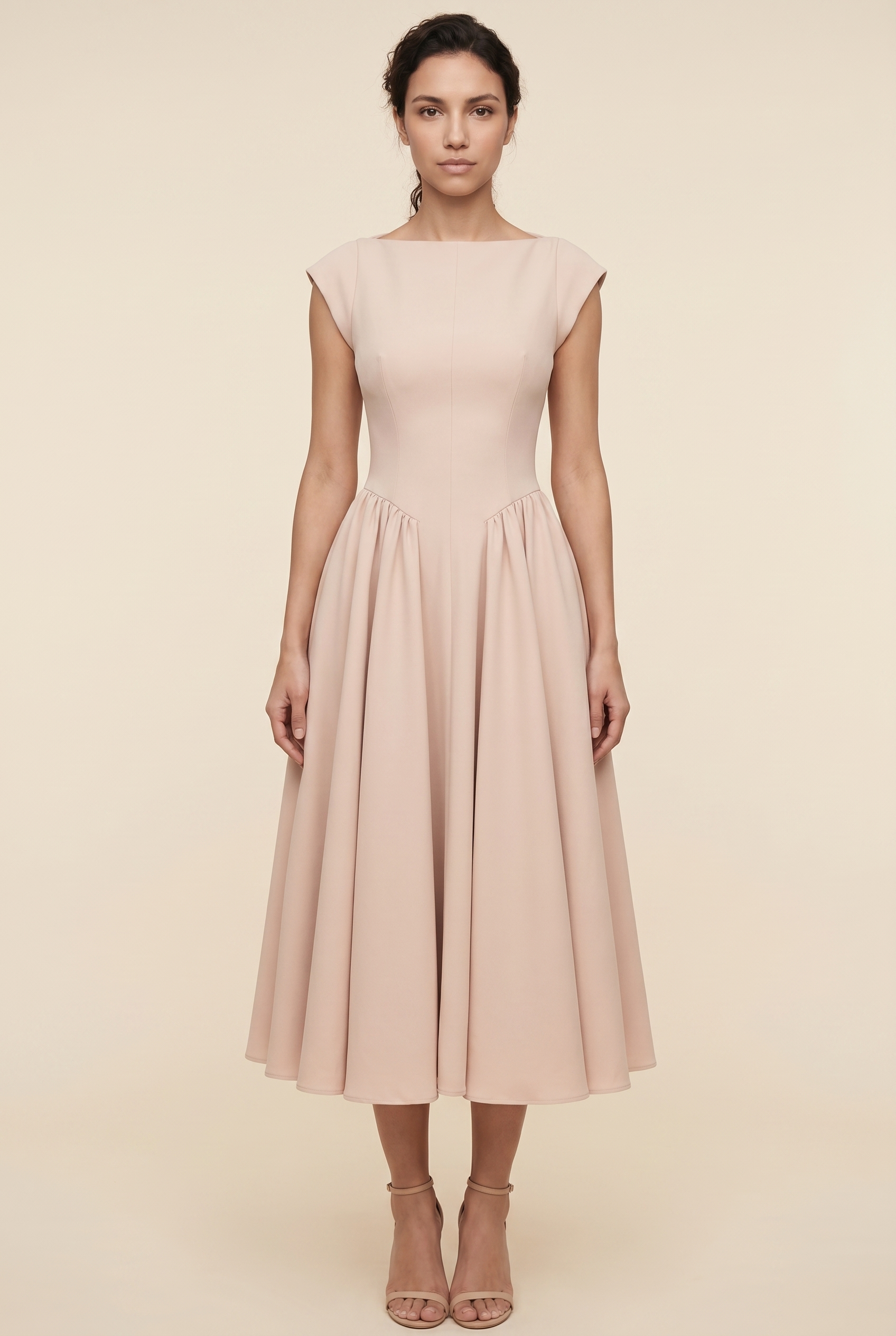 Bernadette Cap Sleeve Midi Dress - Nude