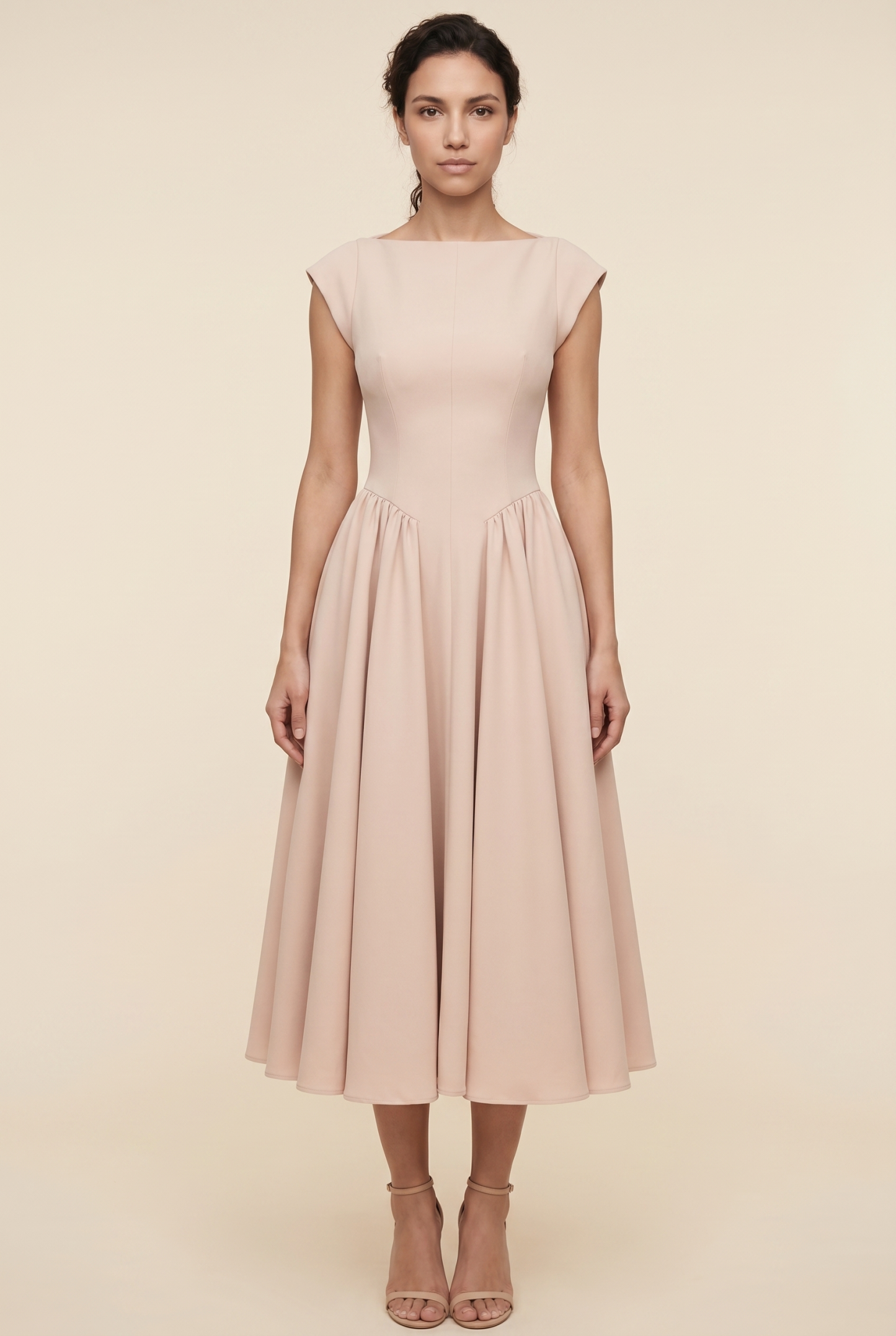 Bernadette Cap Sleeve Midi Dress - Nude