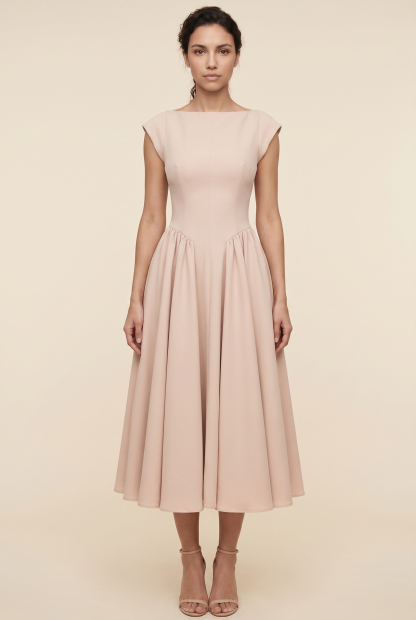Bernadette Cap Sleeve Midi Dress - Nude