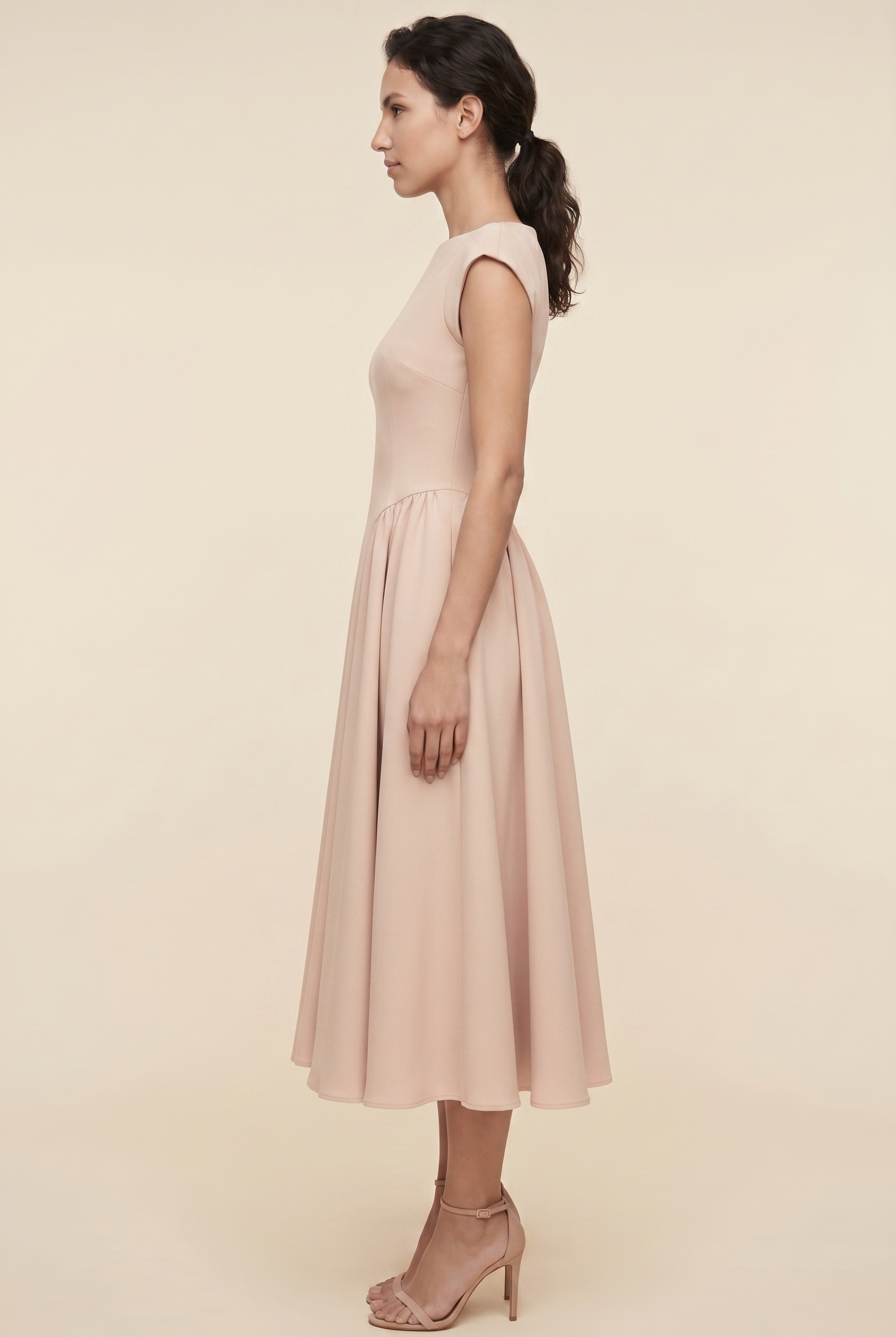 Bernadette Cap Sleeve Midi Dress - Nude