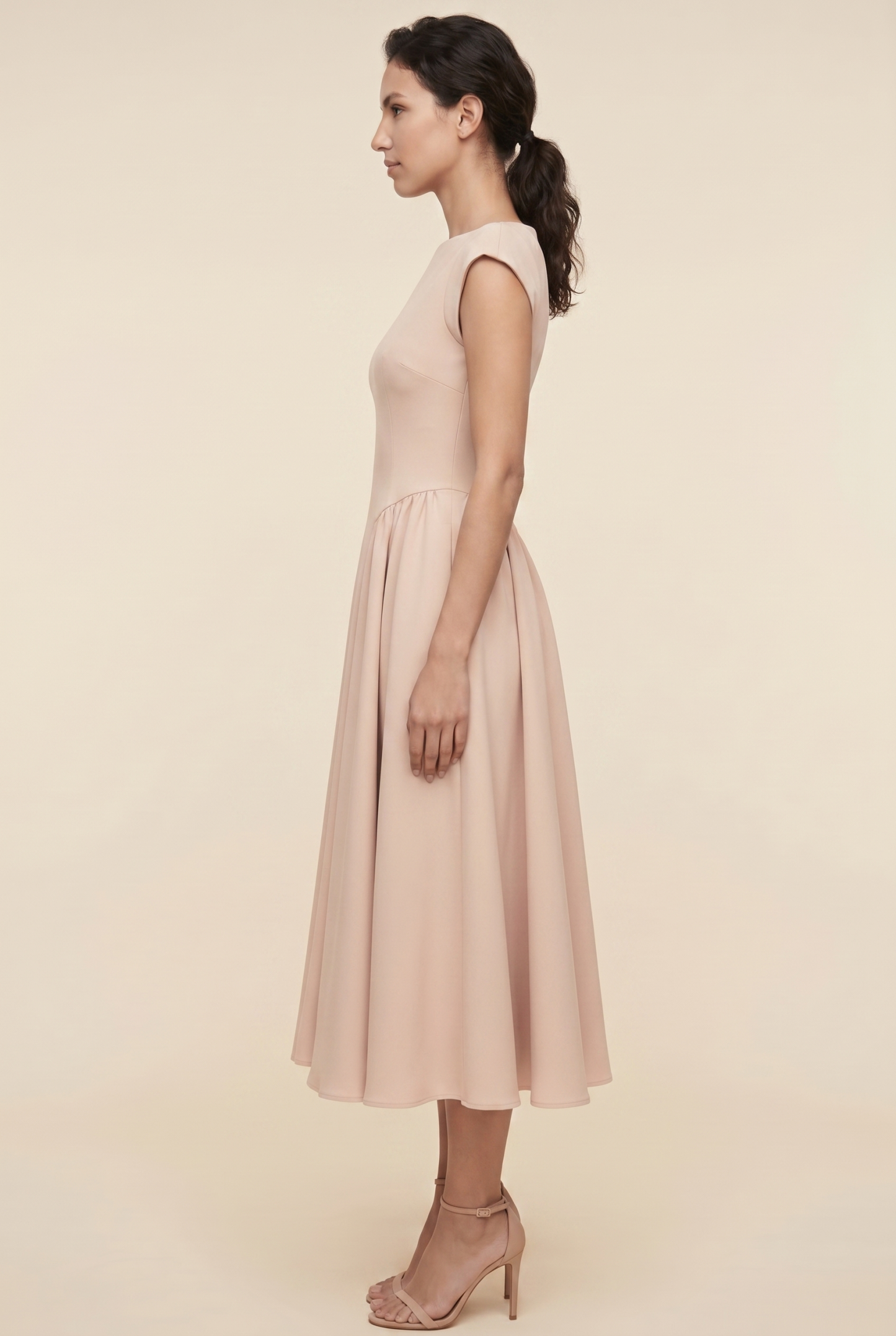 Bernadette Cap Sleeve Midi Dress - Nude