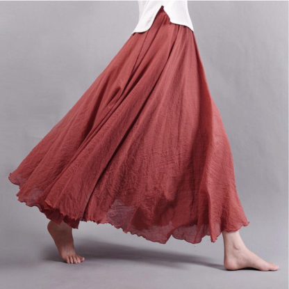 Maroon pleated maxi skirt back view showing deep pleats and soft fabric drape