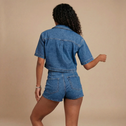 Back view of denim crop top and wrap skort showing rear pockets and center seam detail