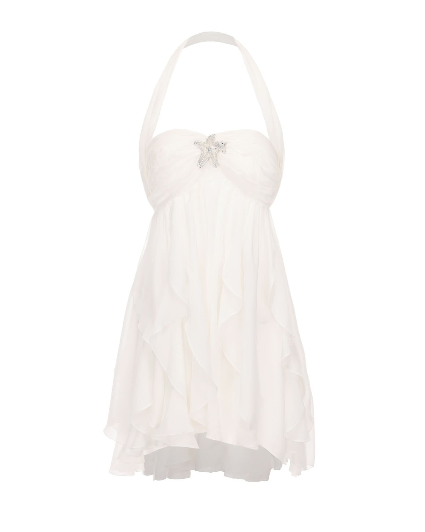 Cream halter mini dress with ruffled skirt and star brooch detail