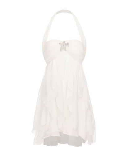 Cream halter mini dress with ruffled skirt and star brooch detail