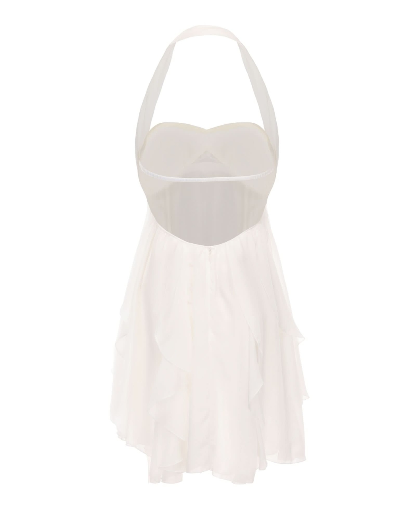 Back view of cream halter dress showing open back and layered ruffle skirt