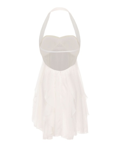 Back view of cream halter dress showing open back and layered ruffle skirt