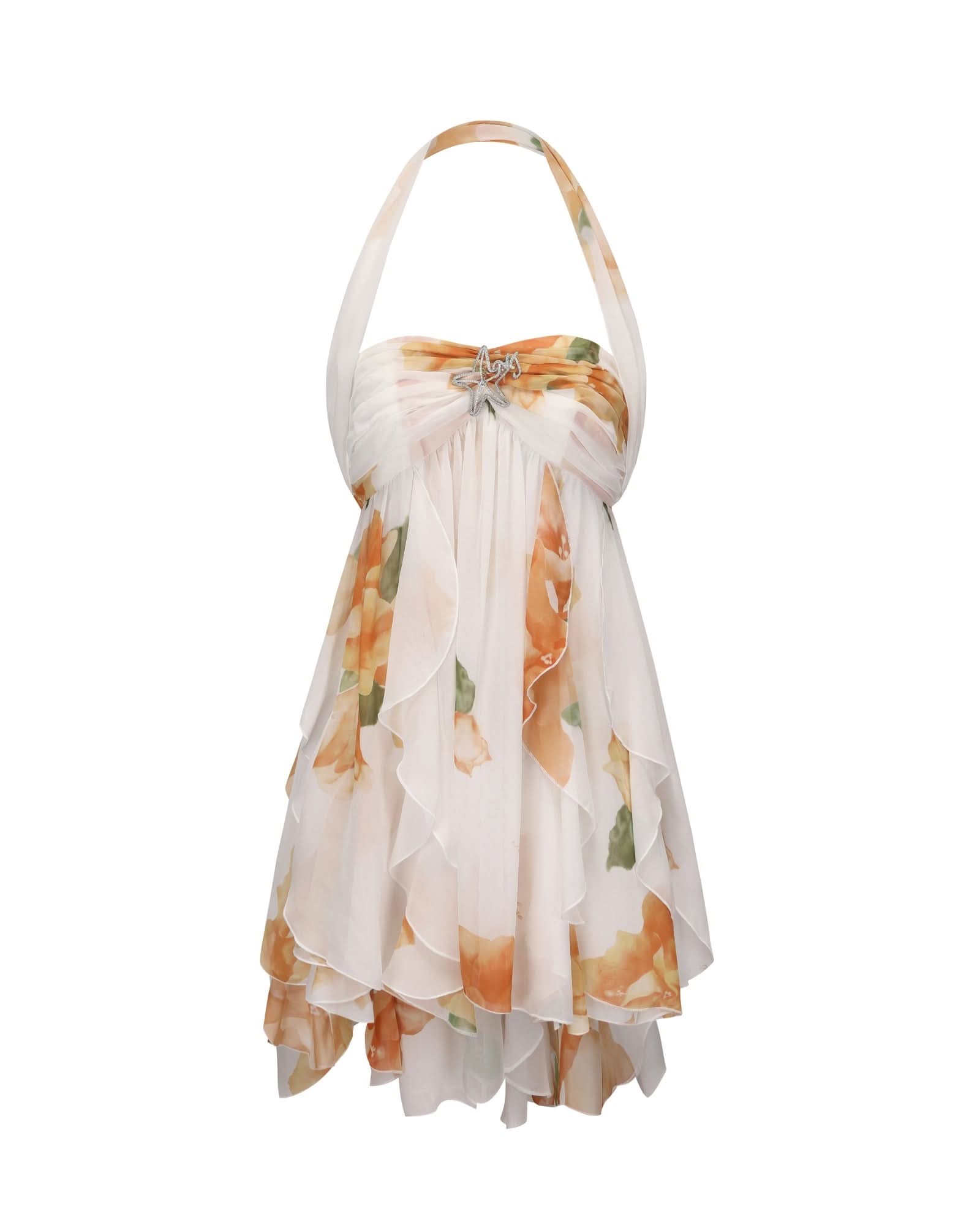 Full-length front of cream mini dress with orange floral overlay and ruffled skirt