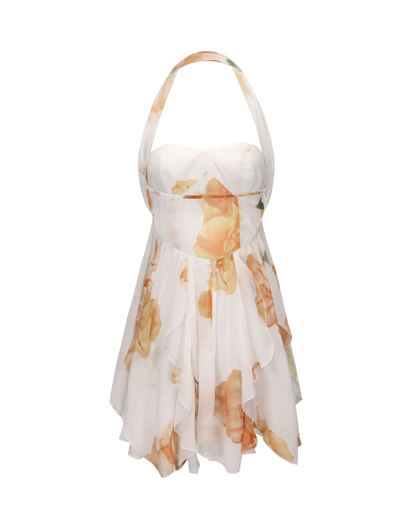 Back view of cream mini dress showing open back and ruffled layers