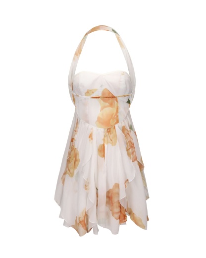 Back view of cream mini dress showing open back and ruffled layers