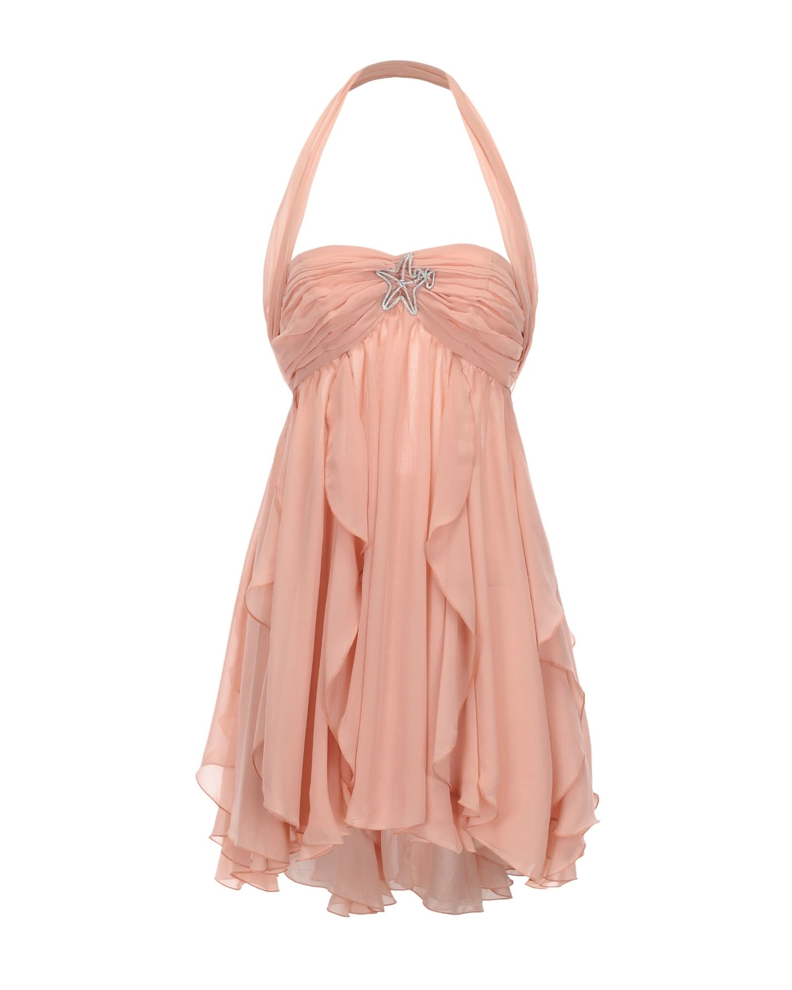 Blush pink halter mini dress with gathered bodice and asymmetrical ruffled hem