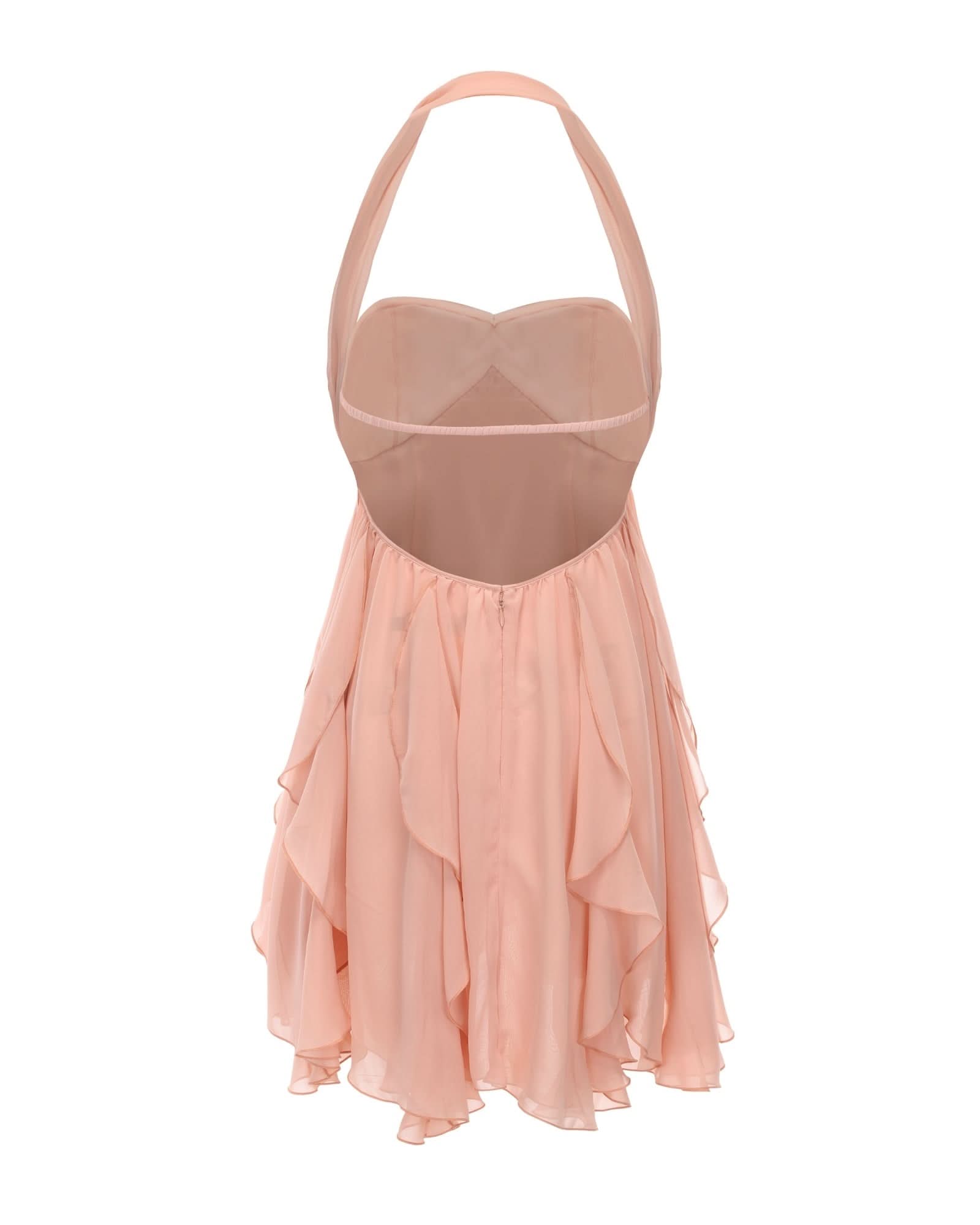 White halter mini dress with ruffled layers and sweetheart neckline
