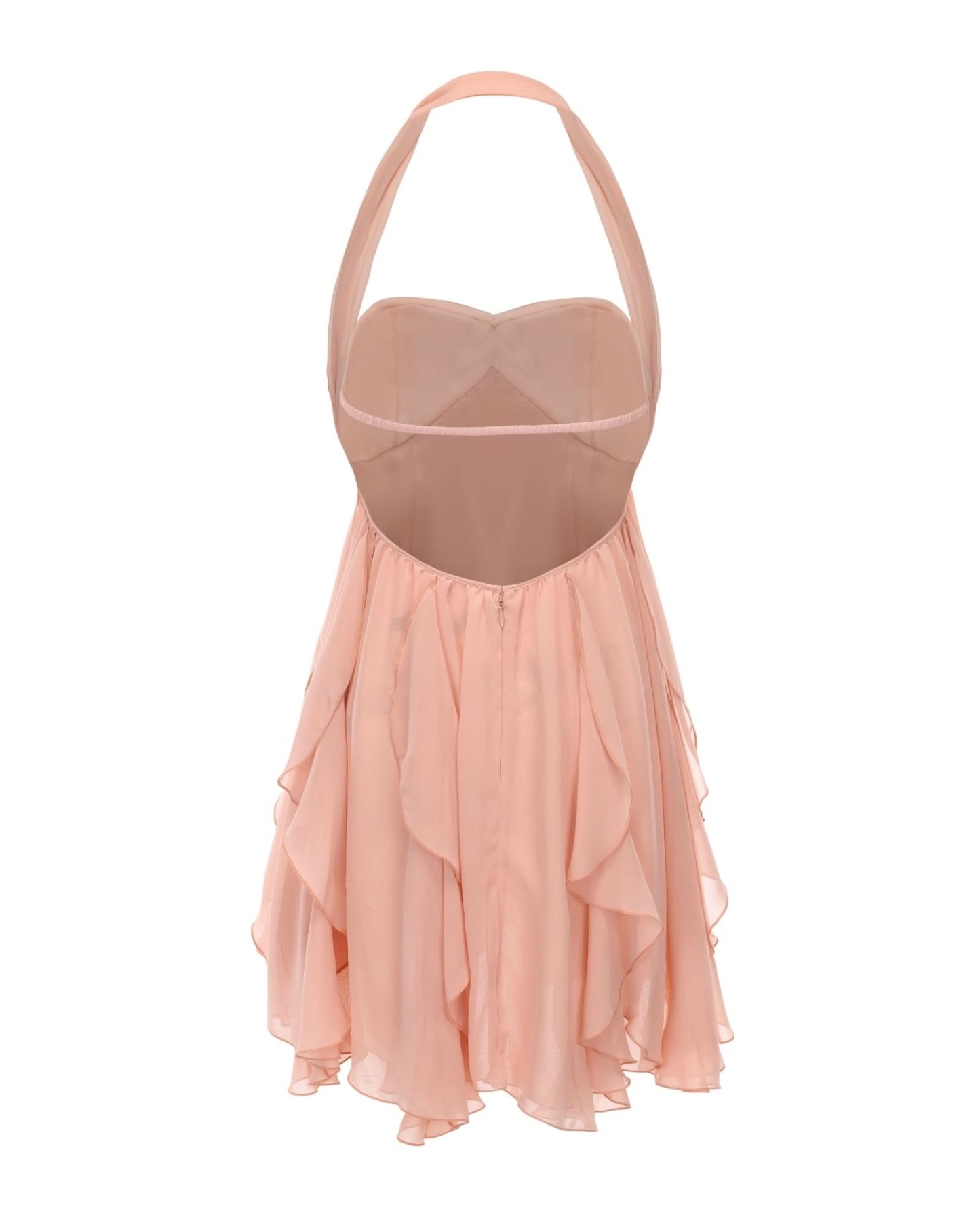 White halter mini dress with ruffled layers and sweetheart neckline