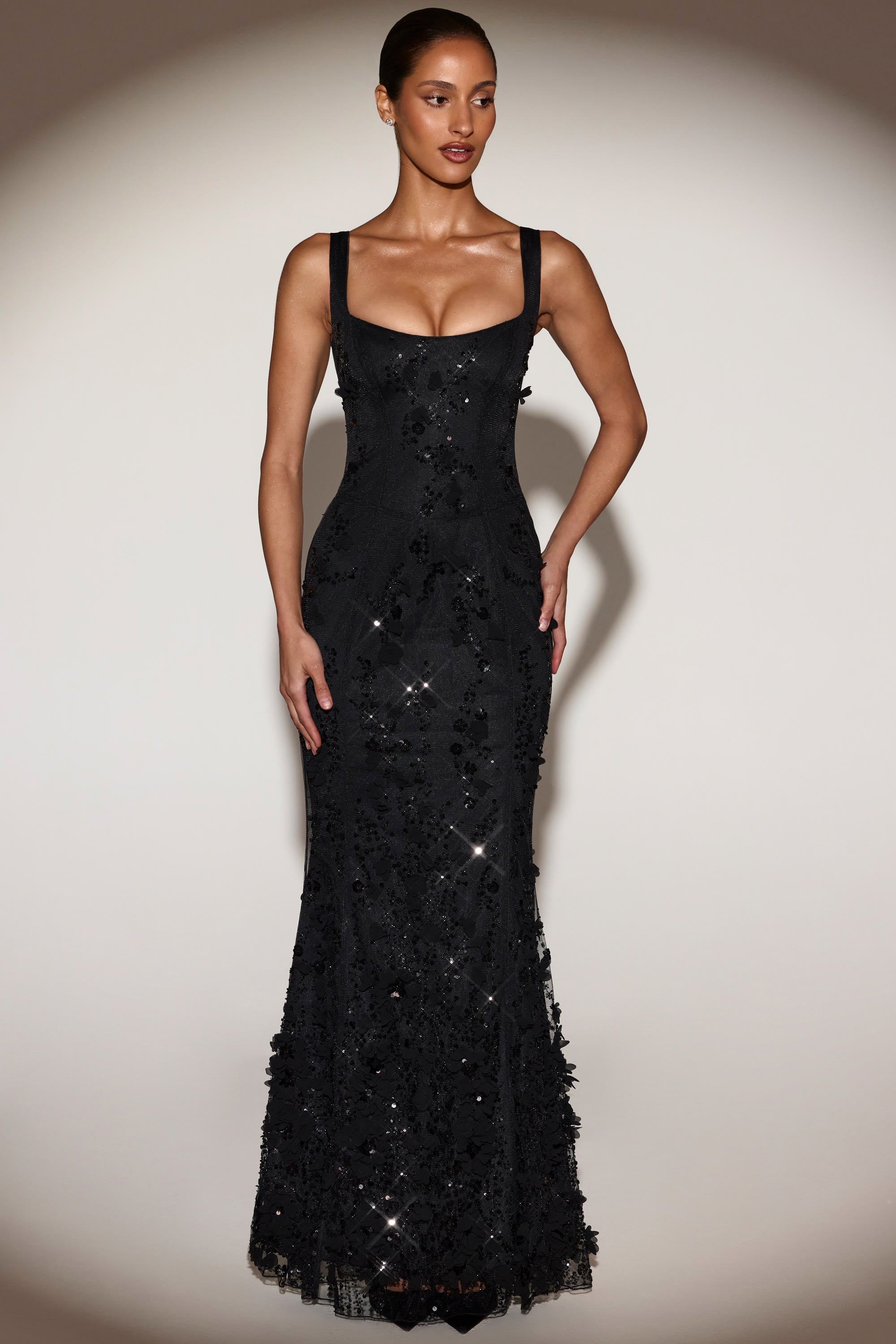 Blossom Applique Corset Gown - Black