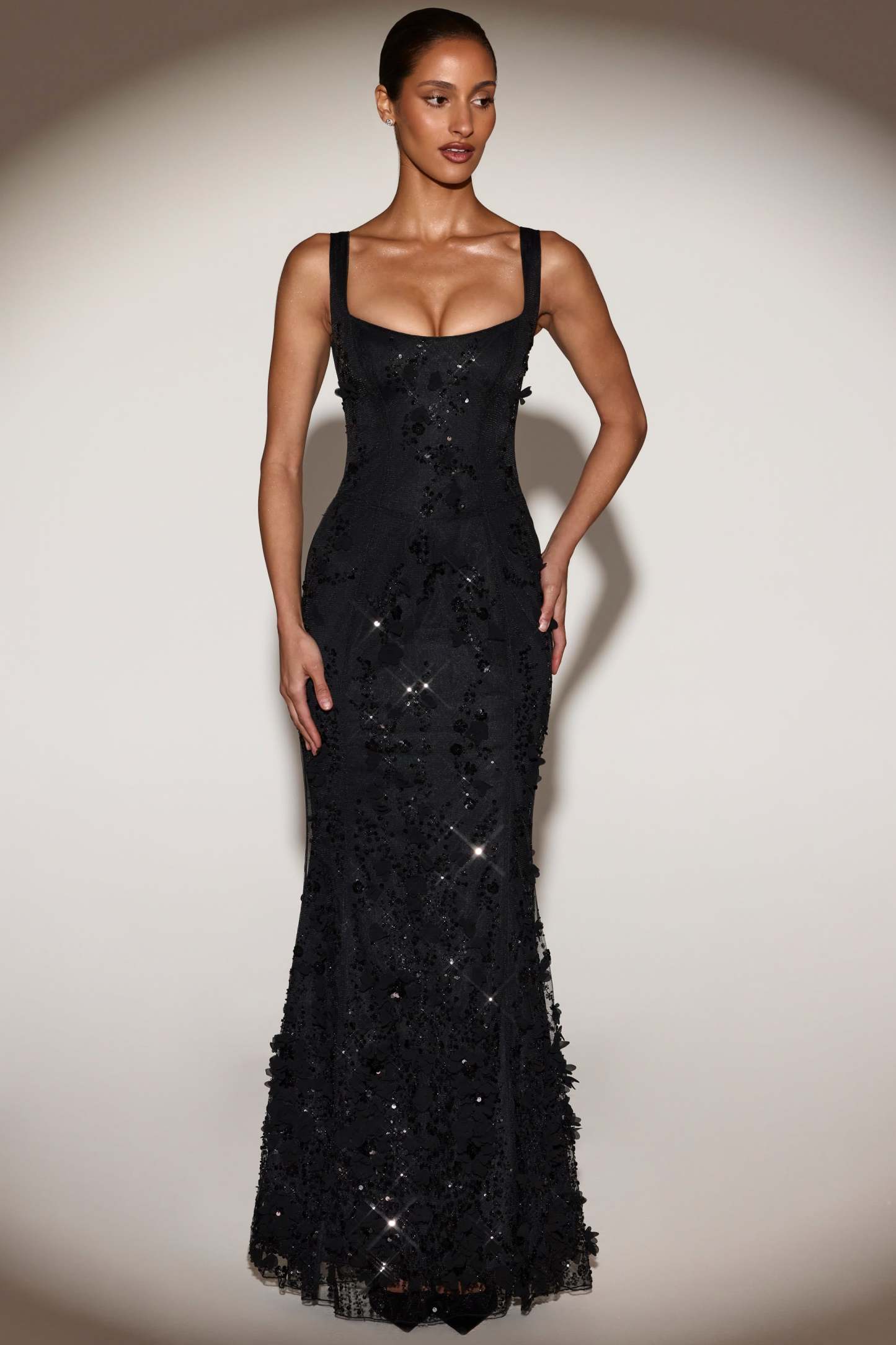 Blossom Applique Corset Gown - Black