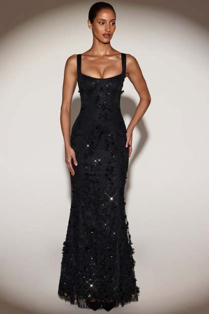 Blossom Applique Corset Gown - Black