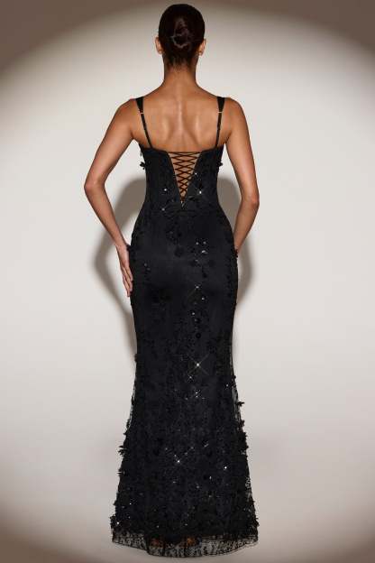Blossom Applique Corset Gown - Black
