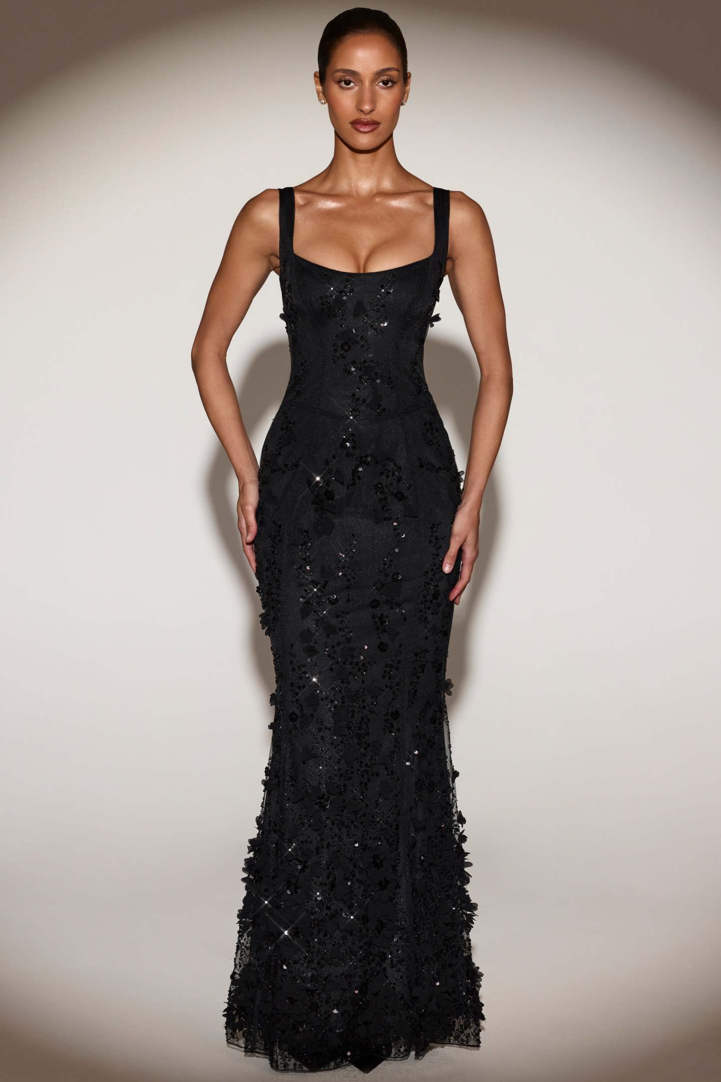 Blossom Applique Corset Gown - Black