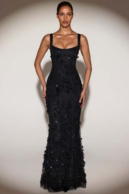 Blossom Applique Corset Gown - Black