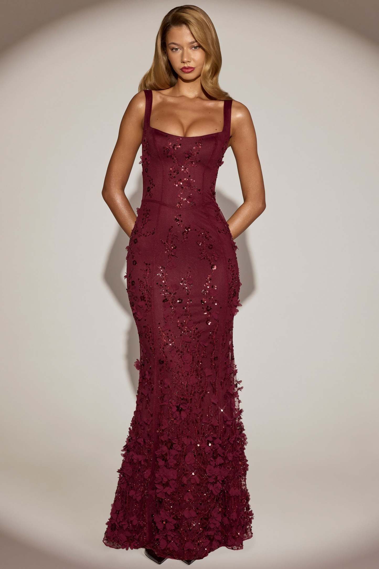 Blossom Applique Corset Gown - Burgundy