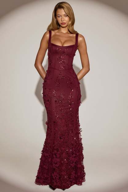 Blossom Applique Corset Gown - Burgundy