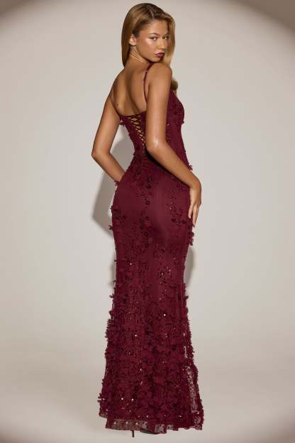 Blossom Applique Corset Gown - Burgundy