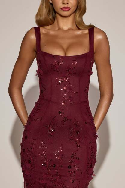 Blossom Applique Corset Gown - Burgundy