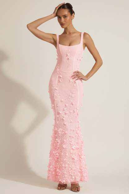 Blossom Applique Corset Gown - Pink