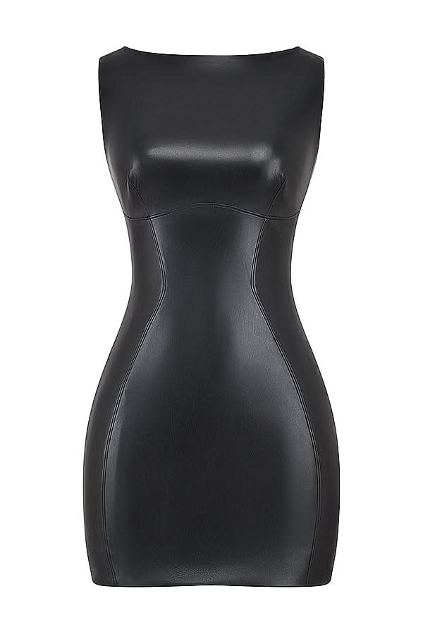 Black glossy bodycon mini dress flat lay front view with crew neckline