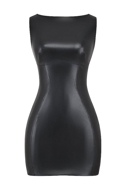 Black glossy bodycon mini dress flat lay front view with crew neckline