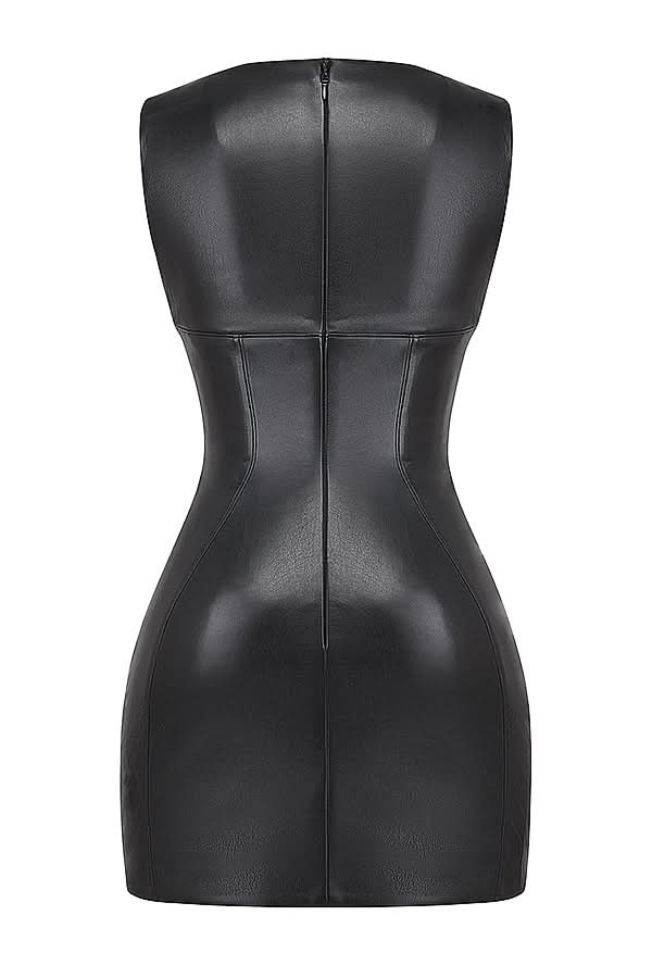 Black bodycon mini dress back flat lay with center seam and fitted silhouette