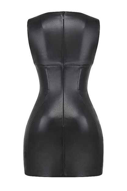 Black bodycon mini dress back flat lay with center seam and fitted silhouette