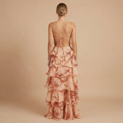 Open-back maxi dress with tie closure and cascading tiered ruffle skirt for women