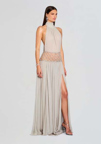 Braelyn Halter Beaded Gown - Champagne