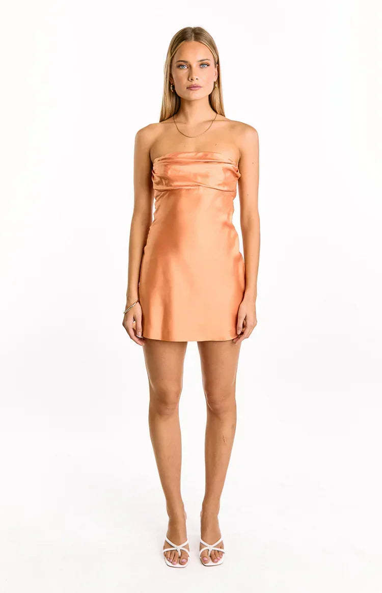 Brynlee Ruched Satin Mini Dress - Peach
