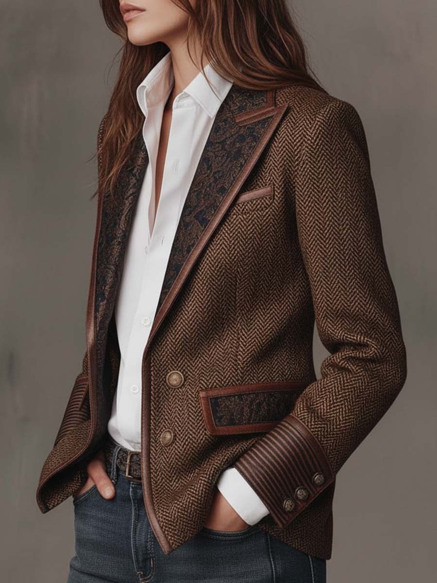 Camellia Herringbone Panel Blazer - Brown