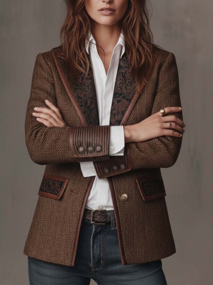 Camellia Herringbone Panel Blazer - Brown